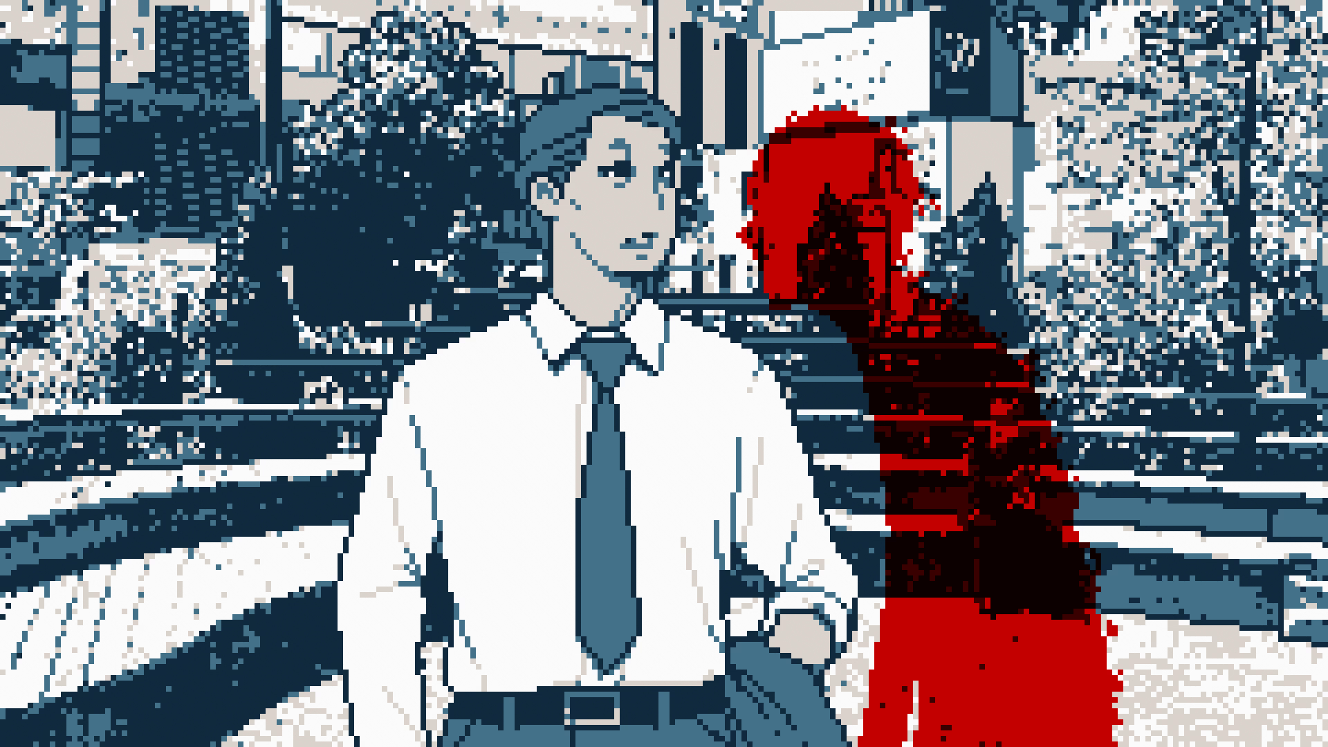 Dans un décor pixelisé de ville, un homme en chemise cravate et a côté, une silhouette rouge fantomatique