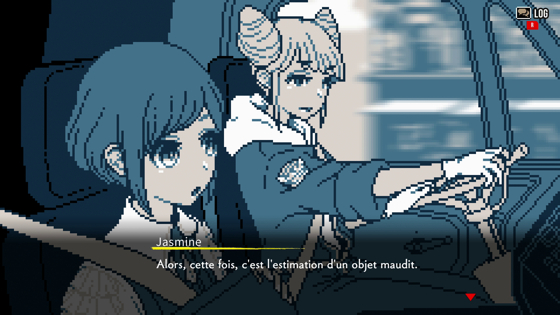 Avec un style "Game Boy", deux filles à l'avant d'un camion. Le texte affiche "Jasmine : Alors, cette fois, l'estimation du objet maudit."