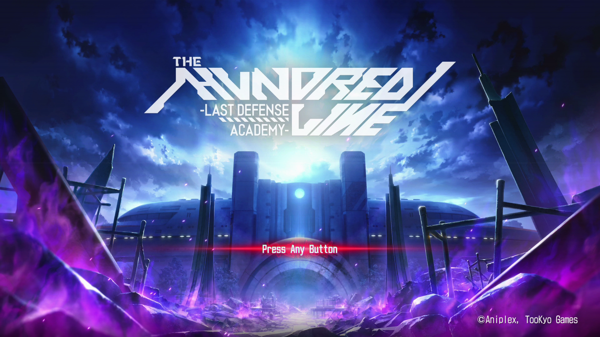Paysage futuriste en arrière plan, Au premier plan "The hundred Line -last defense Academy" plus un peu plus en bas "press Any Button"