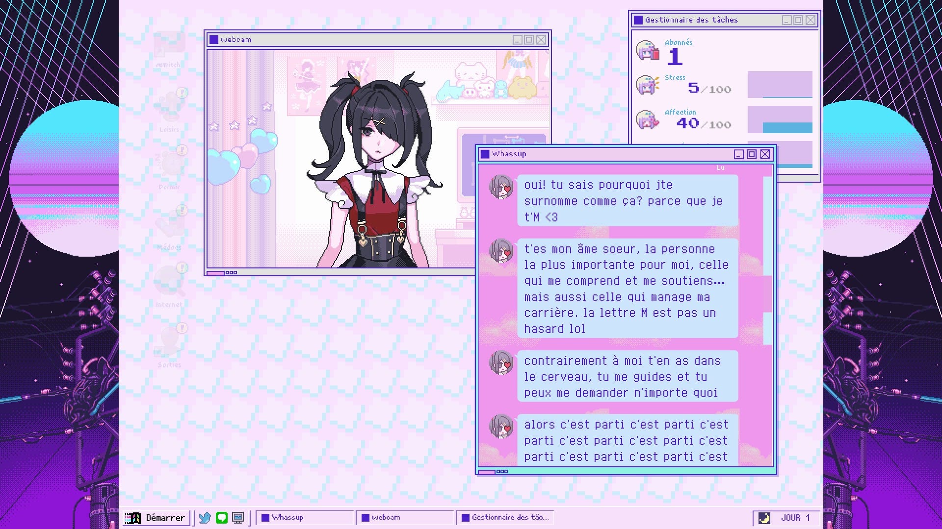 Dans une esthétique rétro, le bureau d'un PC avec 3 fenetre, sur l'une on voit "Ame", l'autre ses statistiques, et dans la dernière une fenêtre de conversation dans laquelle on peut lire : "T'es mon âme soeur, la personne la plus importante pour moi, celle qui me comprend et me soutiens, mais aussi celle qui manage ma carrière."