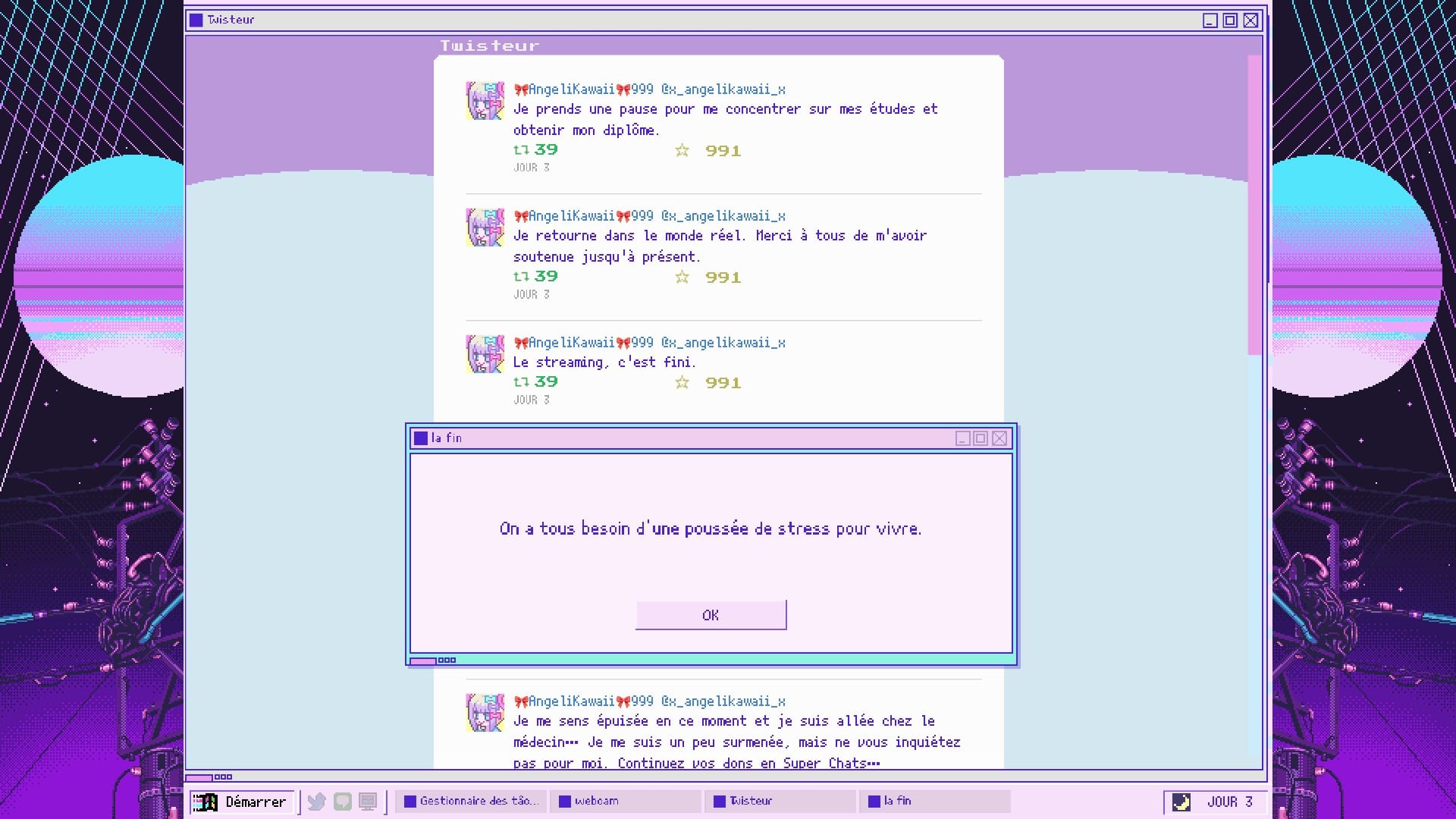 Une page internet d'un réseau de type twitter, le compte @x_angelikawaii_x indique "Le streaming c'est fini, je retourne dans le monde réel, merci de m'avoir soutenue jusqu'à présent" Puis au premier plan, une fenêtre nommée "la fin" affiche "On a tous besoin d'une poussée de stresse pour vivre"