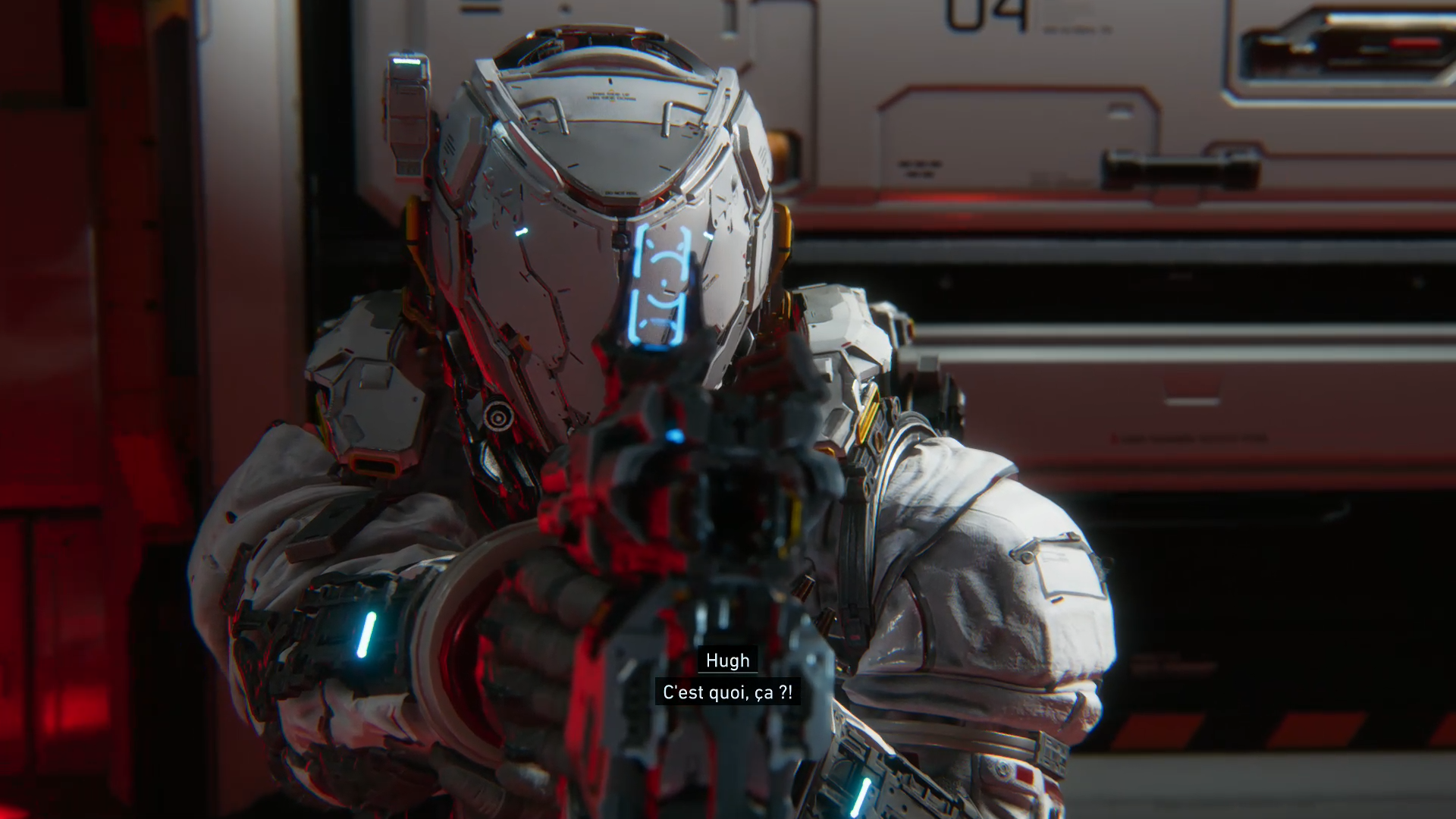 le cosmonaute braque un pistolet. Les soustitres indiquent "Hugh: C'est quoi ça ?!"