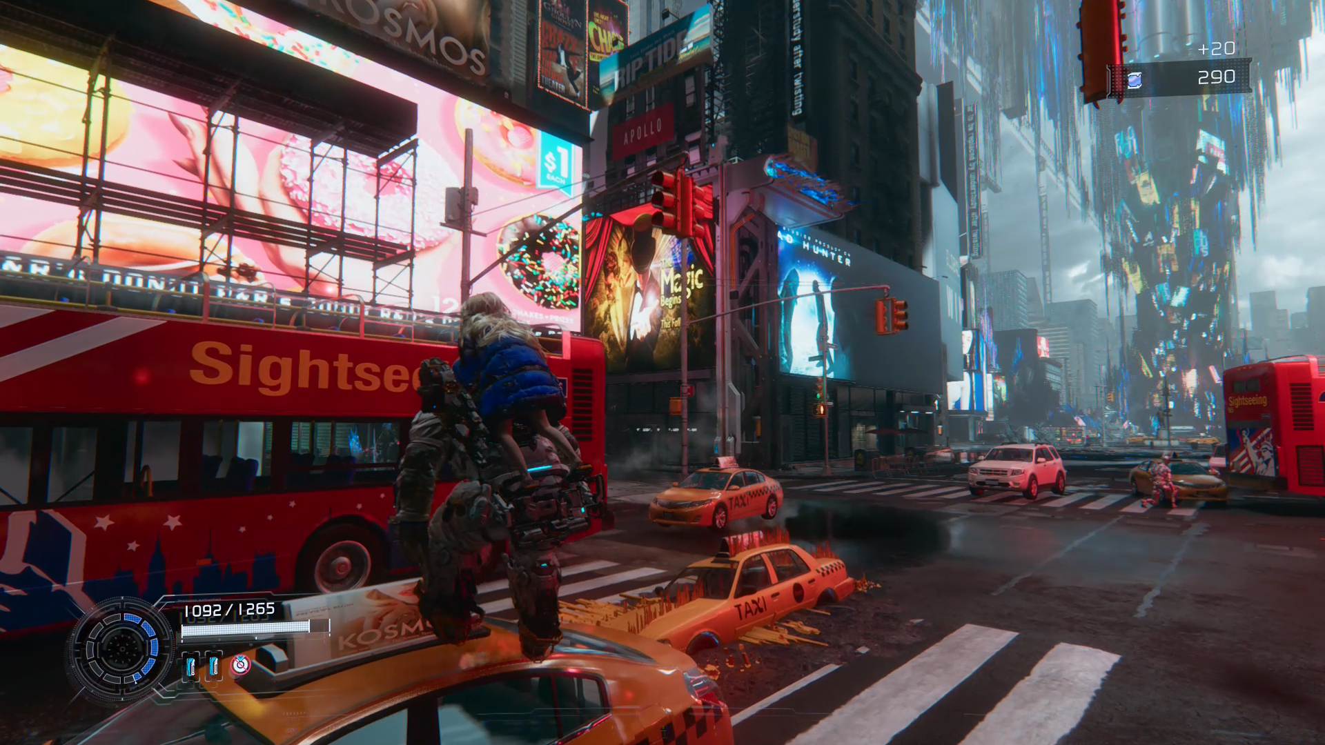 Un reproduction de la ville de New York, mal reproduite avec des voitures fusionnése au bitume