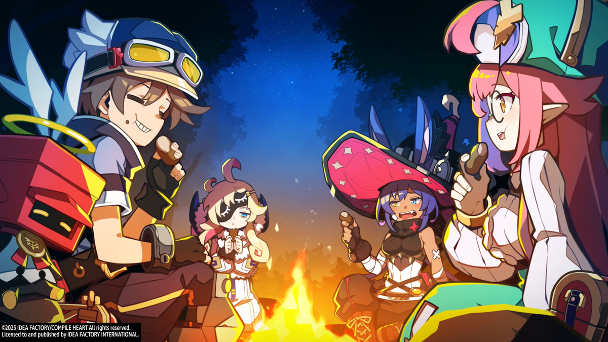 5 personnages devant un feu de camp