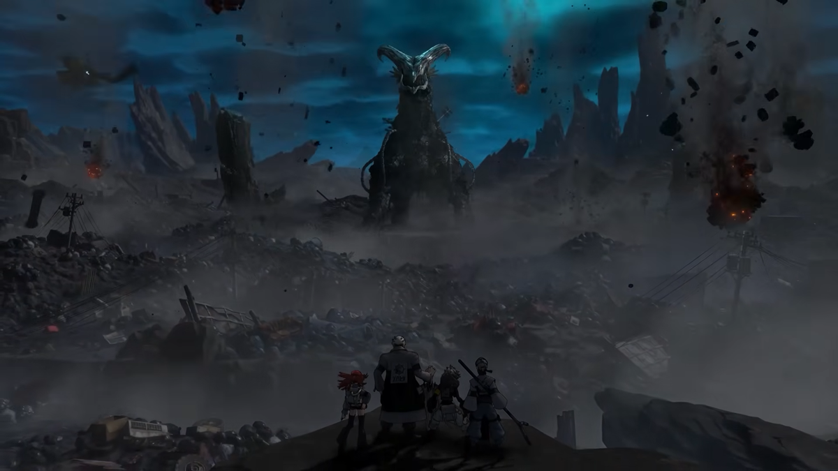 4 personnes observant un monstre