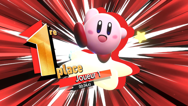 Kirby sur une étoile warp : il est écrit première place